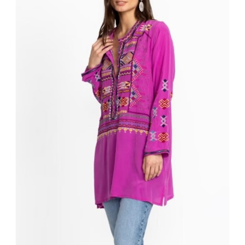 NEW Johnny Was Biya Miraz Tunic Pink Silk Embroidered Boho Peasant Top Medium
